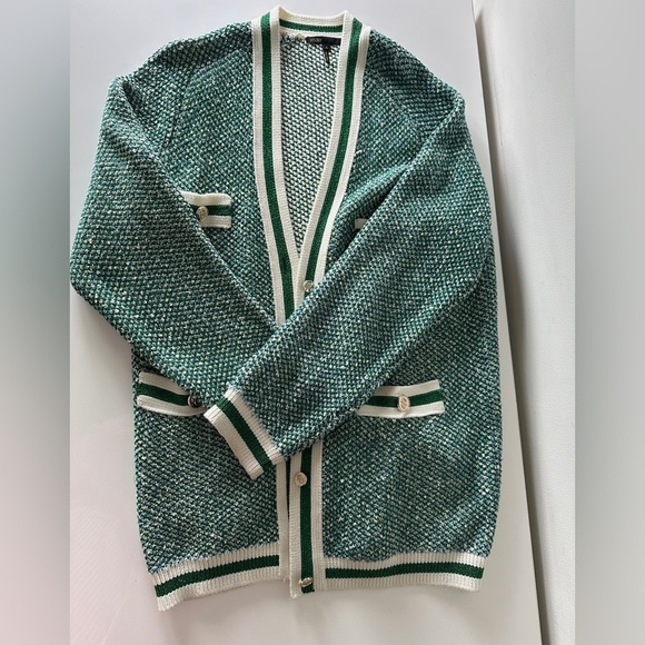 Maje Maitresse Metallic Green Threaded Cardigan with Gold Accents - Picture 5 of 10